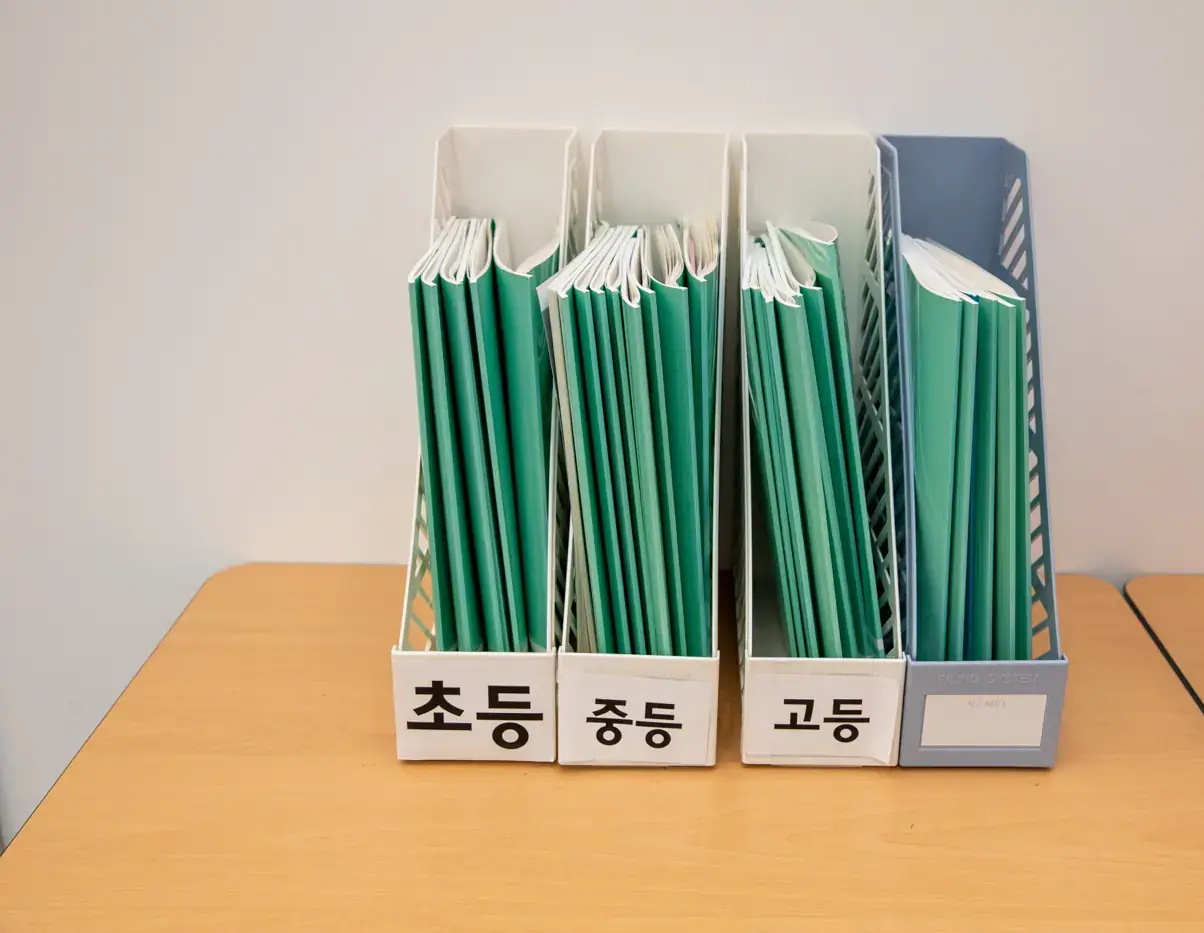 초등·중등·고등으로 나뉜 파일 박스에 녹색 교재철이 꽂힌 동탄목동점 자료 정리대
