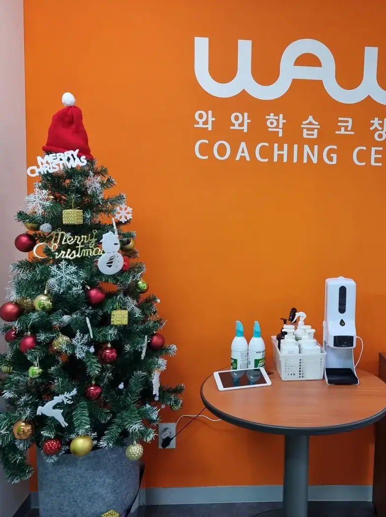 주황 벽에 흰색 WAWA 로고가 있고 크리스마스트리와 원형 테이블이 놓인 부평점 로비